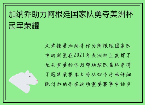 加纳乔助力阿根廷国家队勇夺美洲杯冠军荣耀