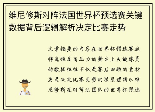 维尼修斯对阵法国世界杯预选赛关键数据背后逻辑解析决定比赛走势