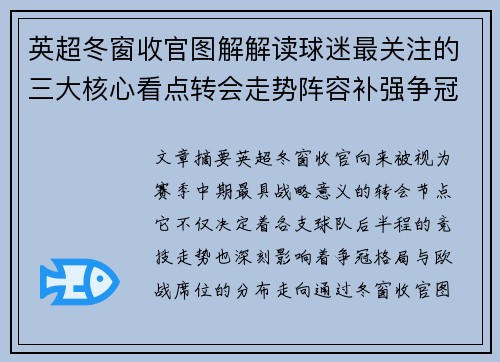英超冬窗收官图解解读球迷最关注的三大核心看点转会走势阵容补强争冠